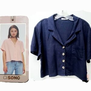 Ci Sono Los Angeles Navy Linen Blend Cropped Top Size XL New
